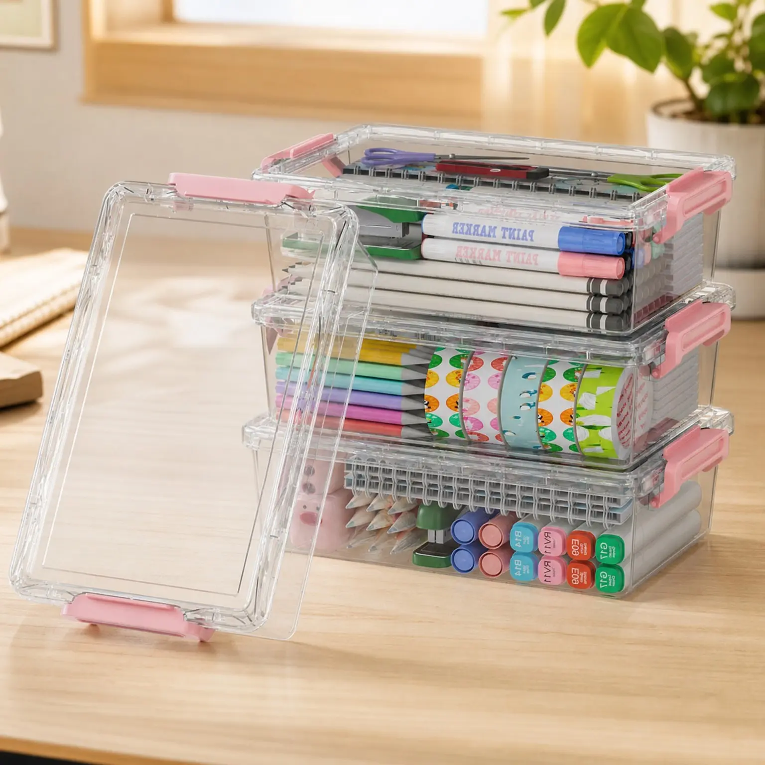4 Pack Extra Large Clear Plastic Pencil Box Organizer, Stackable Crayon Marker Craft Storage Case for Pens, Art Supplies, PinkGift