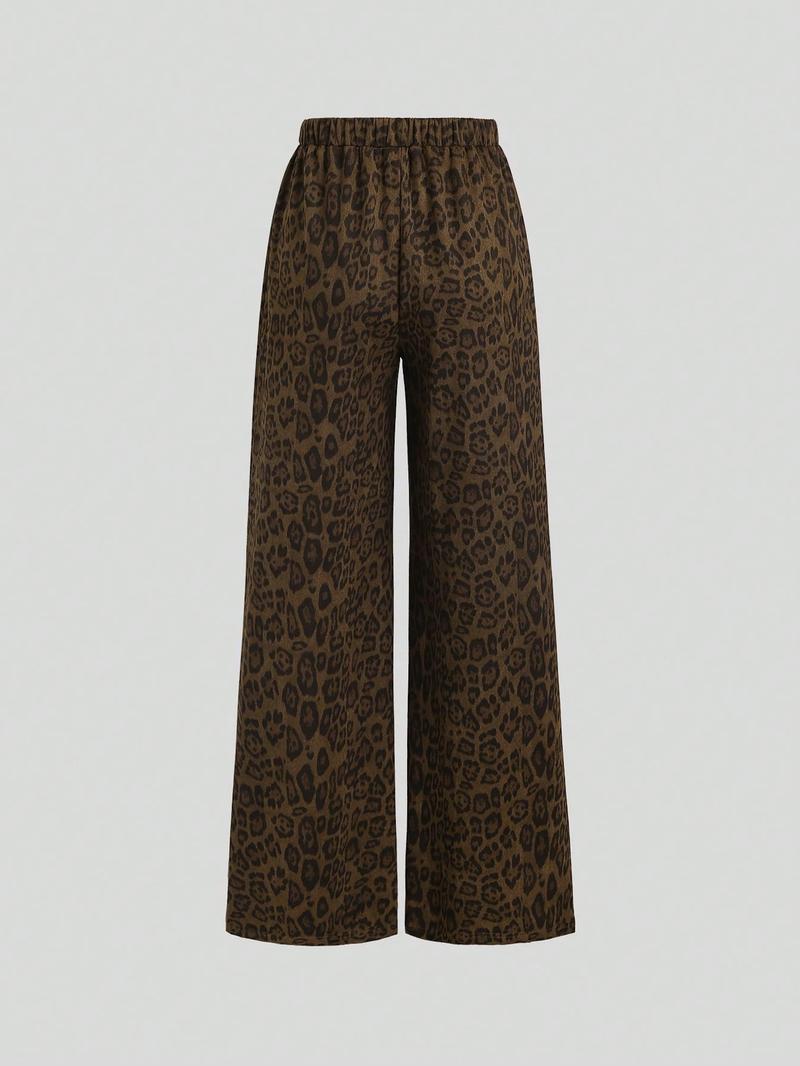Women's Casual Leopard Print Wide Leg Pants, Loose Fit High Waist Trousers, Comfortable Fashion Bottoms for Daily Wear