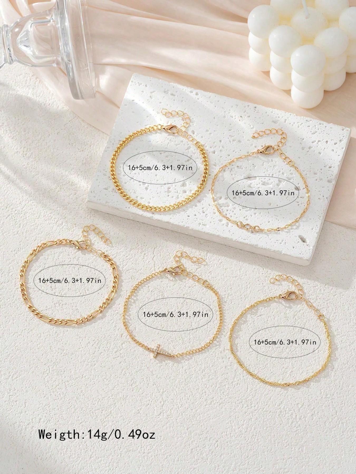 5-Piece Rhinestone Cross Cuban Chain Bracelet Set, Unique Women's Vacation Daily Jewelry, Stylish Handmade Accessories