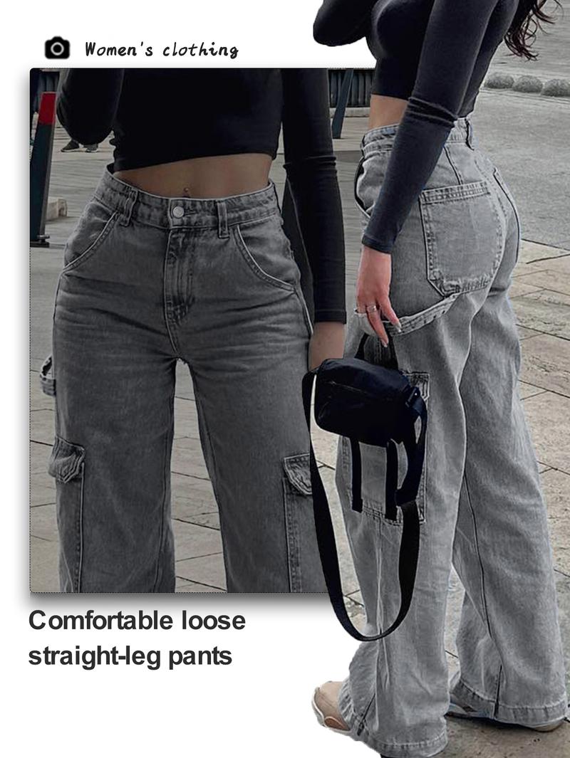NVFelix Women's Black Cargo Jeans, Casual Utility Loose Fit Straight Leg Denim Pants, High Waisted Casual Trousers with Multiple Pockets for Everyday Streetwear