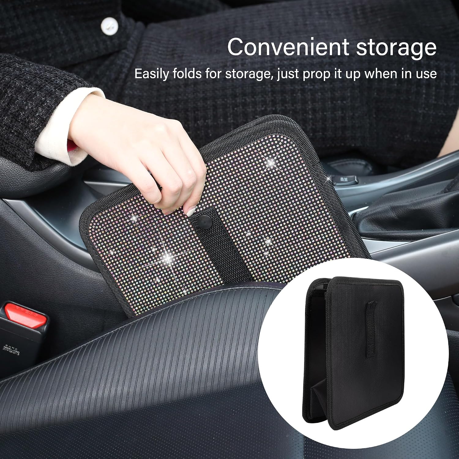 Riding Car Interior Foldable Rhinestone Trash Can - Synthetic Water-Resistant Fabric Bling Bin with Flexible Rope Buckle Mounting, SUV Stowing Accessory, Easy to Clean, Manufacturer Warranty (Red)