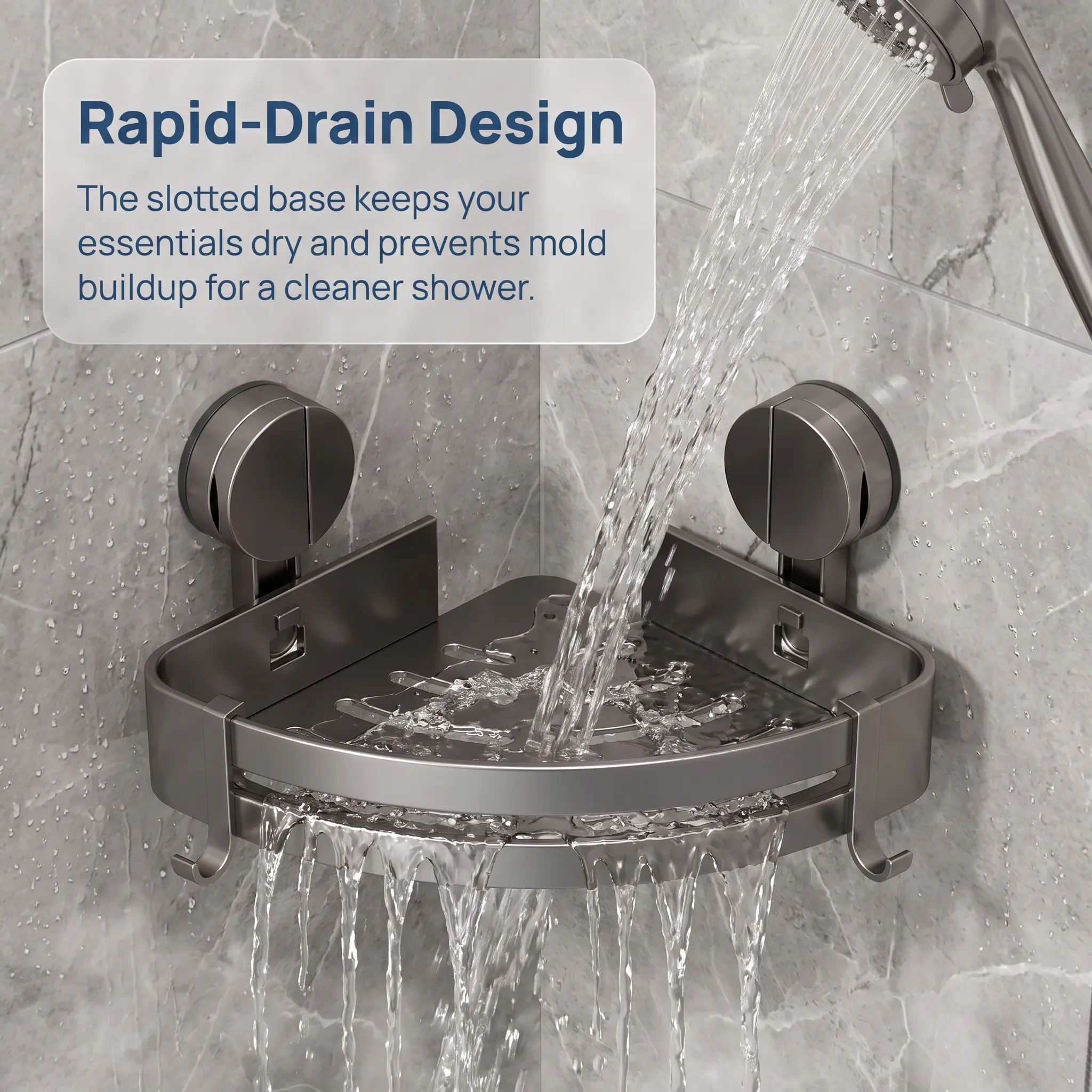 No Drill Suction Cup Corner Shower Caddy, Rustproof Stainless Steel Wall Mount Shower Shelf with Multi Hooks, Bathroom Corner Storage Organizer for Shampoo, Body Wash & Bath Accessories