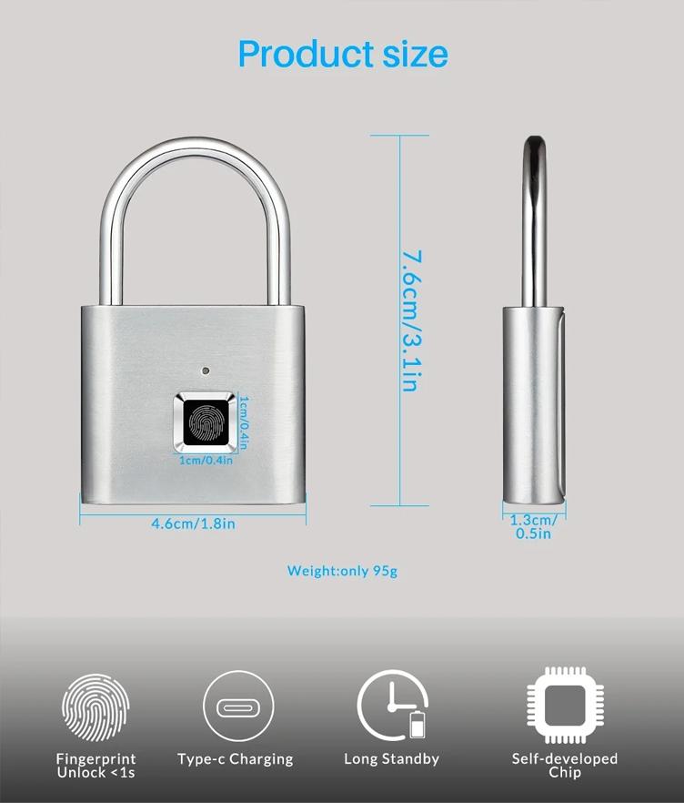 Smart Fingerprint Hanging Lock, USB Rechargeable, Biometric Fingerprint Lock, Zinc Alloy Security, Easy One-Click Operation