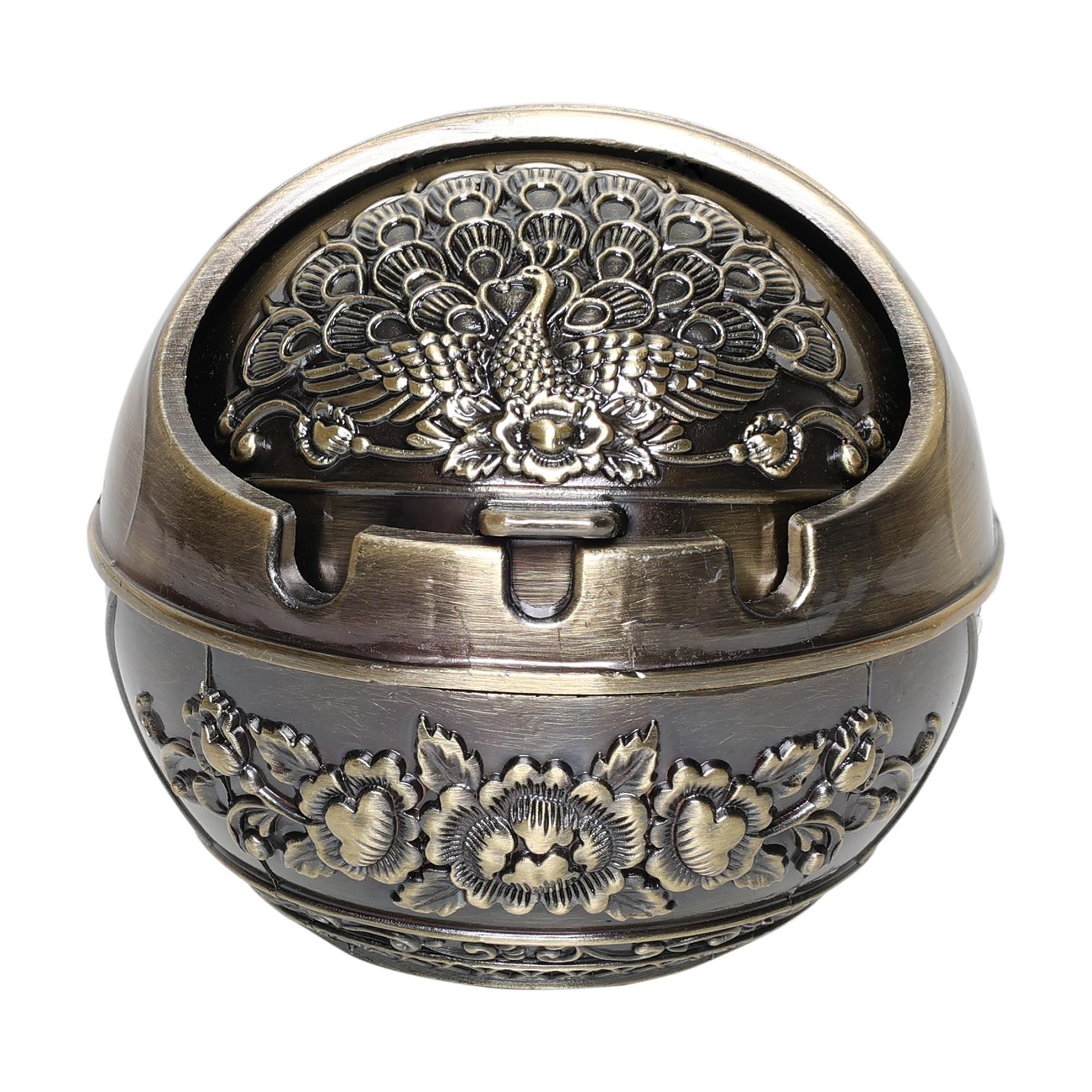 Vintage Metal Peacock Pattern Ashtray Portable Travel Pocket Size Reusable Smokeless Decorative Ash Holder Durable Waterproof Stylish Retro Art Ornament Multifunctional Essentials for Home Office Bar Outdoor Patio Camping Travel Indoor Desktop Table Decor