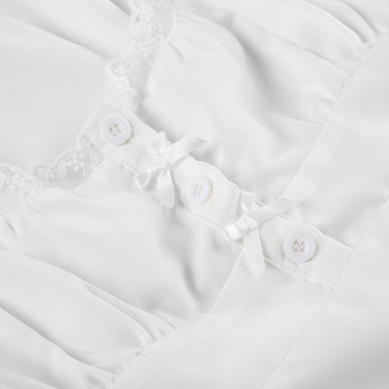 Lace Patchwork Bowknot Girls' T-Shirt, Square Neck Short Sleeve Korean Style Casual Chic Minimalist Cute Ruffle Sweet T-Shirt for Women