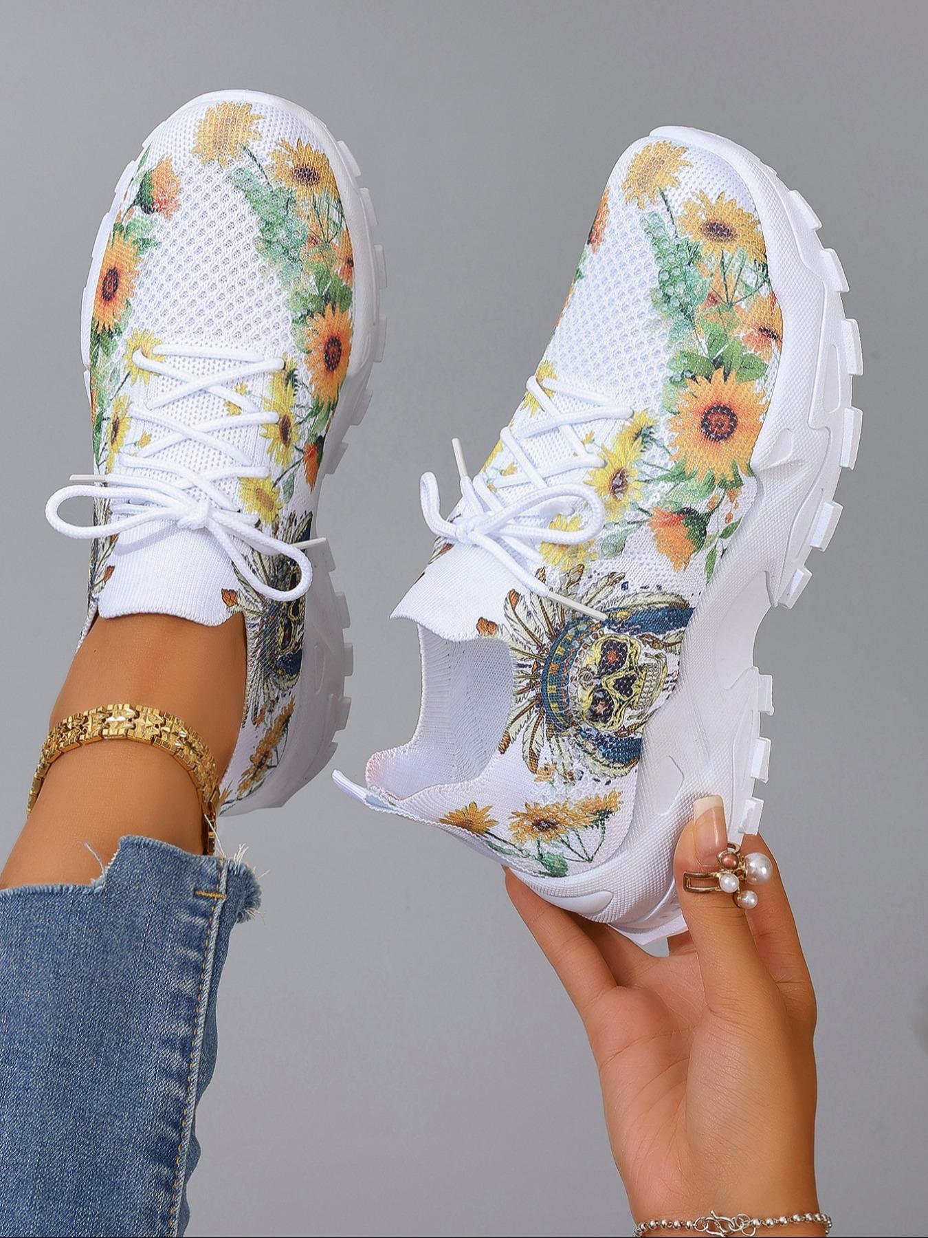 Women's Fashionable Floral Print Lace Up Low Top Sneakers, 2024 New Style Casual Comfortable Breathable Sports Running Shoes, All-match Basic Shoes for Daily Wear