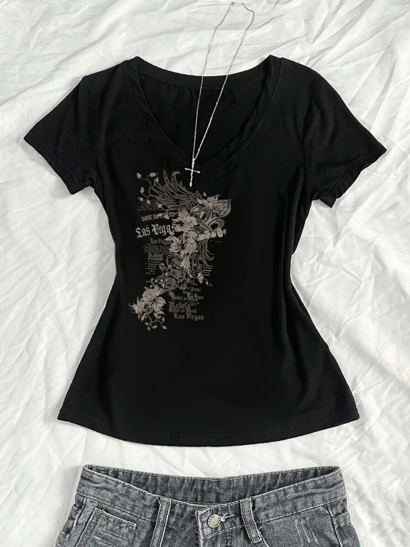 Y2K Dark Style V-Neck Fitted Short Sleeve T-Shirt, Vintage Spice 