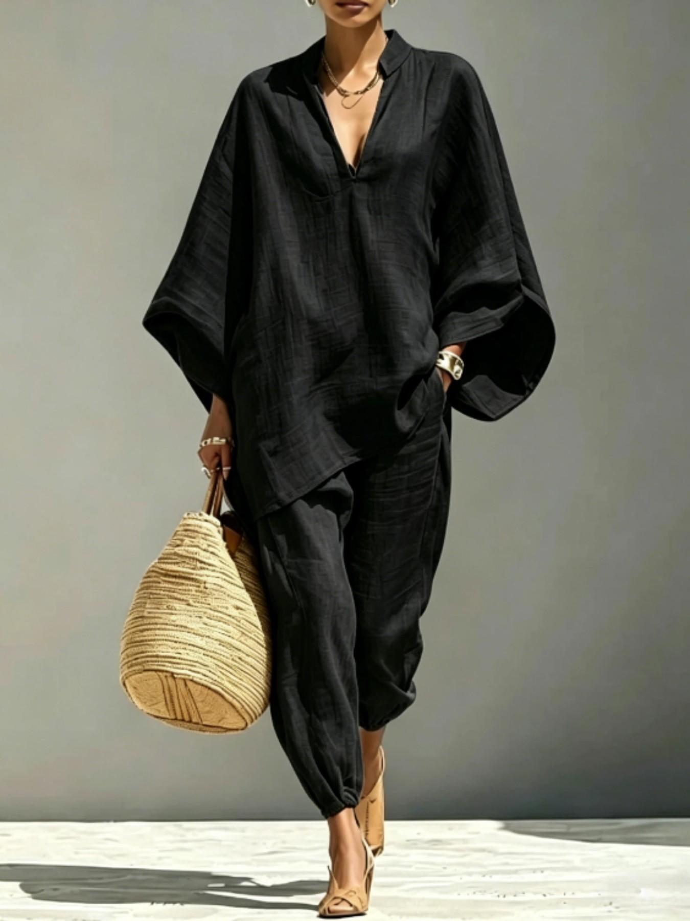 Women's Summer Loose Fit Solid Linen Deep V Neck Batwing Sleeve Pants Set, Casual Long Length, Comfortable Daily Wear, Multiple Colors Available Women's Summer Loose Fit Solid Linen Deep V Neck Batwing Sleeve Pants Set, Casual Long Length, Comfortable Daily Wear, Multiple Colors Available