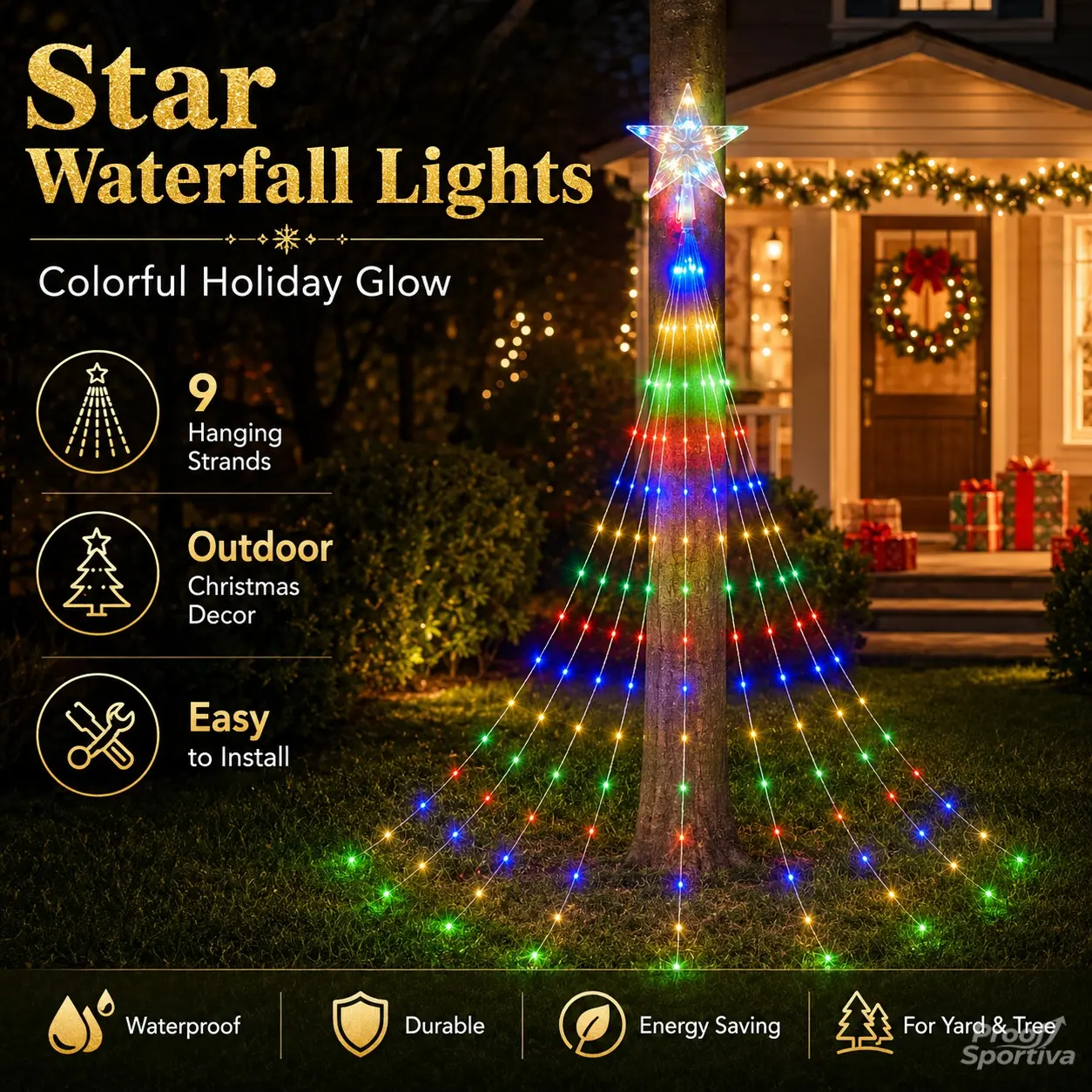 Waterfall Star Christmas Tree Lights with 8 Lighting Modes, Outdoor Xmas Decor, Create Dreamy Holiday Glow for Yard, Garden, Patio & Backyard, Easy‑Hang Winter Outside Home Decoration