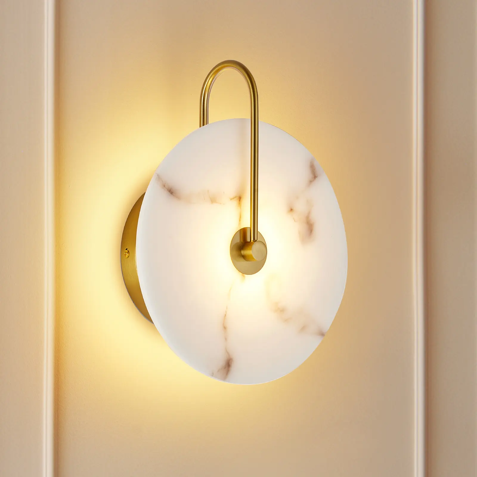 Modern Gold Alabaster Wall Sconce, Round Marble Shade LED Wall Light Fixture, Luxury Hardwired Wall Lamp for Bedroom, Living Room, Hallway & Stairway
