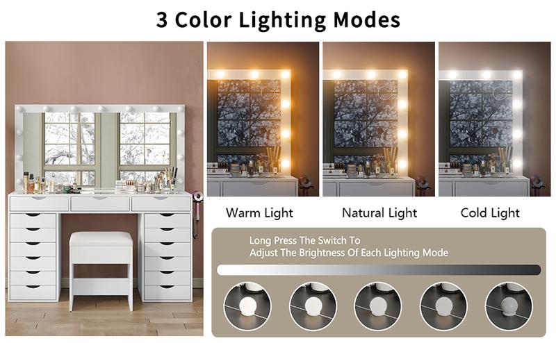 FUSOU 55“W 15 Drawers Vanity Desk with Power Outlet, Makeup Table with Mirror and LED Lights, 3 Color Lighting Modes, Vanity Table with Chair for Bedroom
