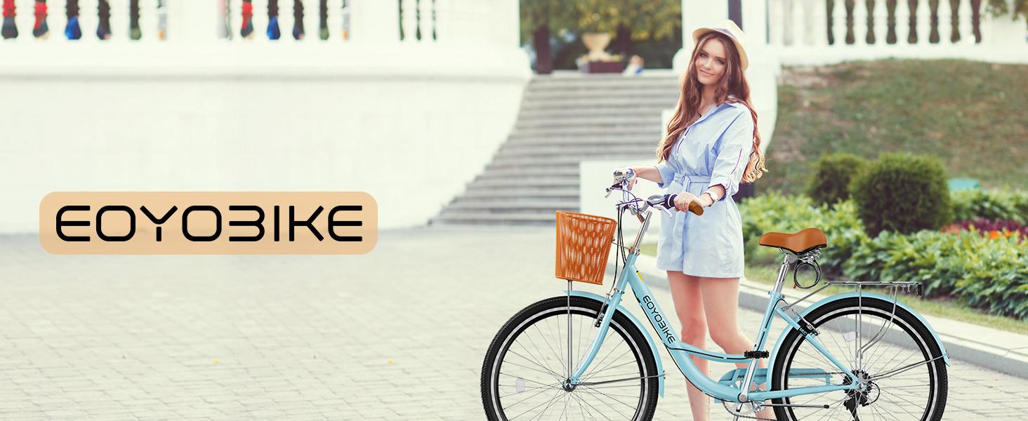 EOYOBIKE Adult Bike 7 Speed, 24 26 inch Beach Cruiser Bikes for Women, Step Through Adult Bicycle with Front Basket for City Commuting