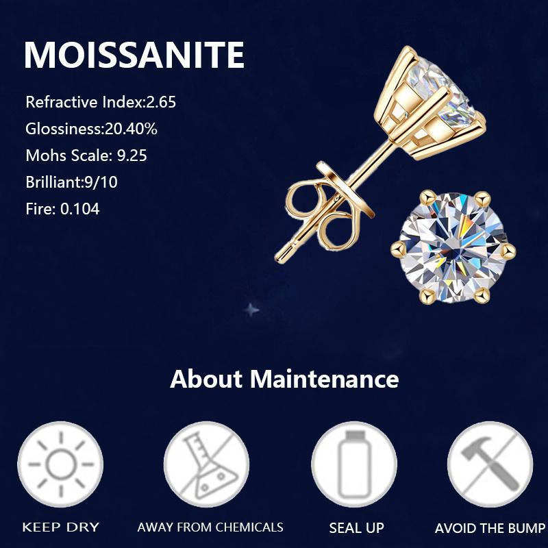 A Pair of 0.3 Carat / 0.5 Carat / 1 Carat / 2 Carat 925 Silver Six-Claw Moissanite Earrings for Men And Women, Featuring a Stylish And Classic Minimalist Design, Suitable for Everyday Wear And As Gifts for Birthdays Or Anniversaries,