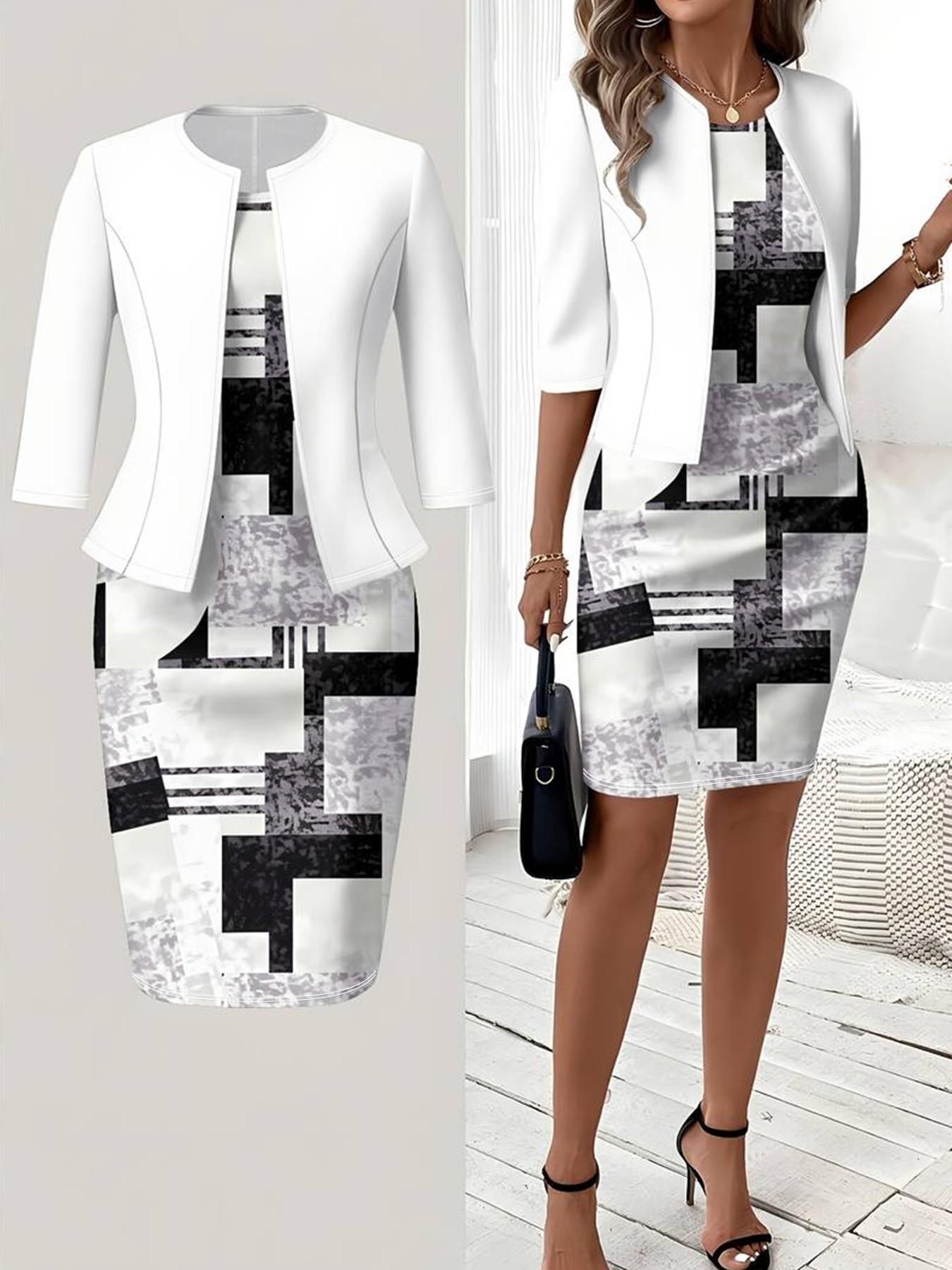 (short skirt) (small size) (general fabric) (printing design) Spring, summer and autumn knitted cardigan blouse with slim waist and printing design; classic straight dress, two-piece suit, suitable for women; elegant wedding guest dress