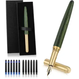Handcrafted Wooden Fountain Pens Set,  Luxury  Fountain Pen 0.5mm Fine Point Smooth Writing Pen With 12 Ink 2.6 mm Cartridges and  Box for Journaling Calligraphy Supplies(D)