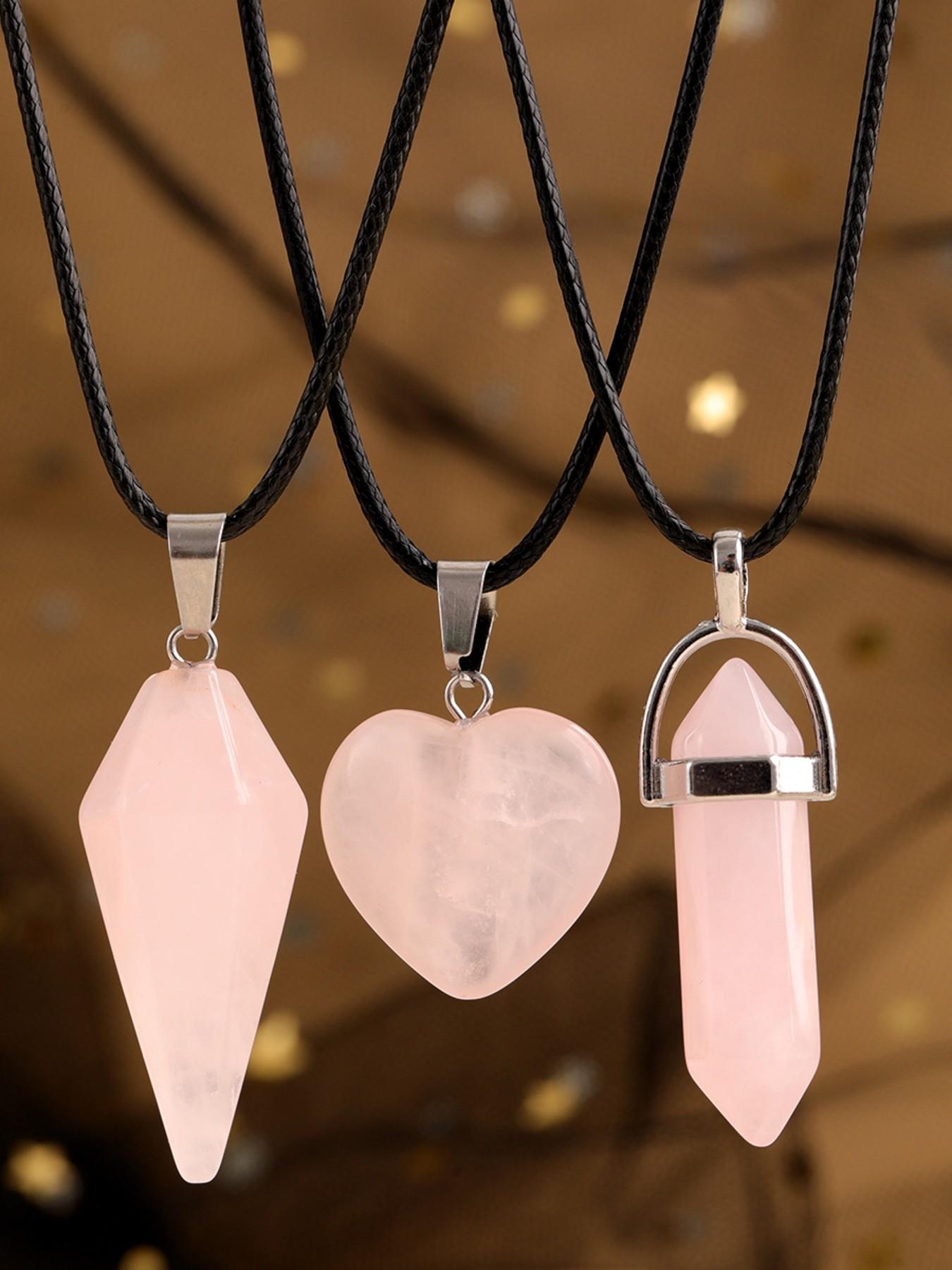 3pcs Natural Crystal Set, Rose Quartz Necklace Set, Women's Quartz Pendant Jewelry, Spiritual Energy, Birthday Gift, Holiday Gift