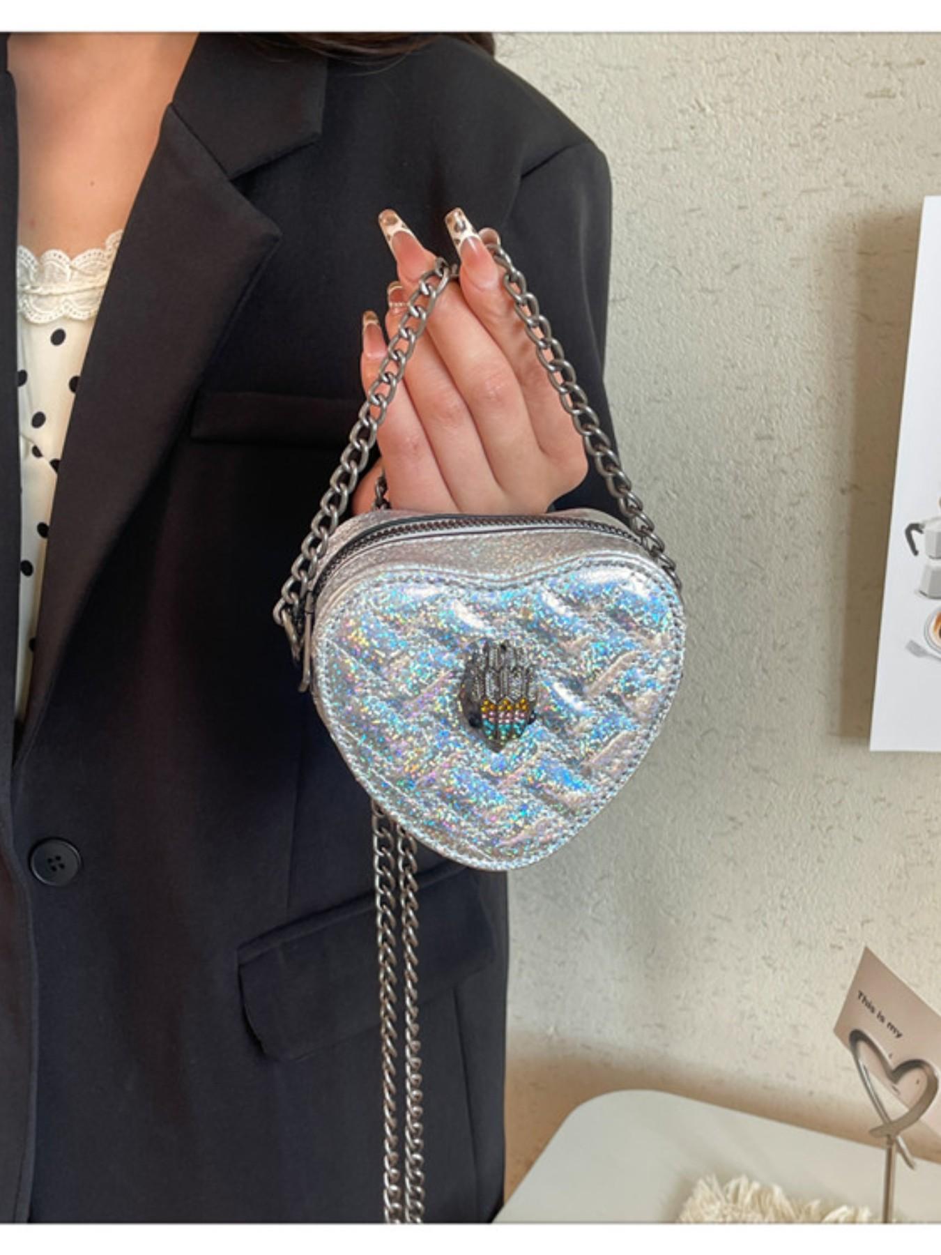 Fashion Heart Mini Bag, Sparkling Trim Design, Detachable Chain Decor, Ideal for Girls' Night Out, Stylish Evening Accessory