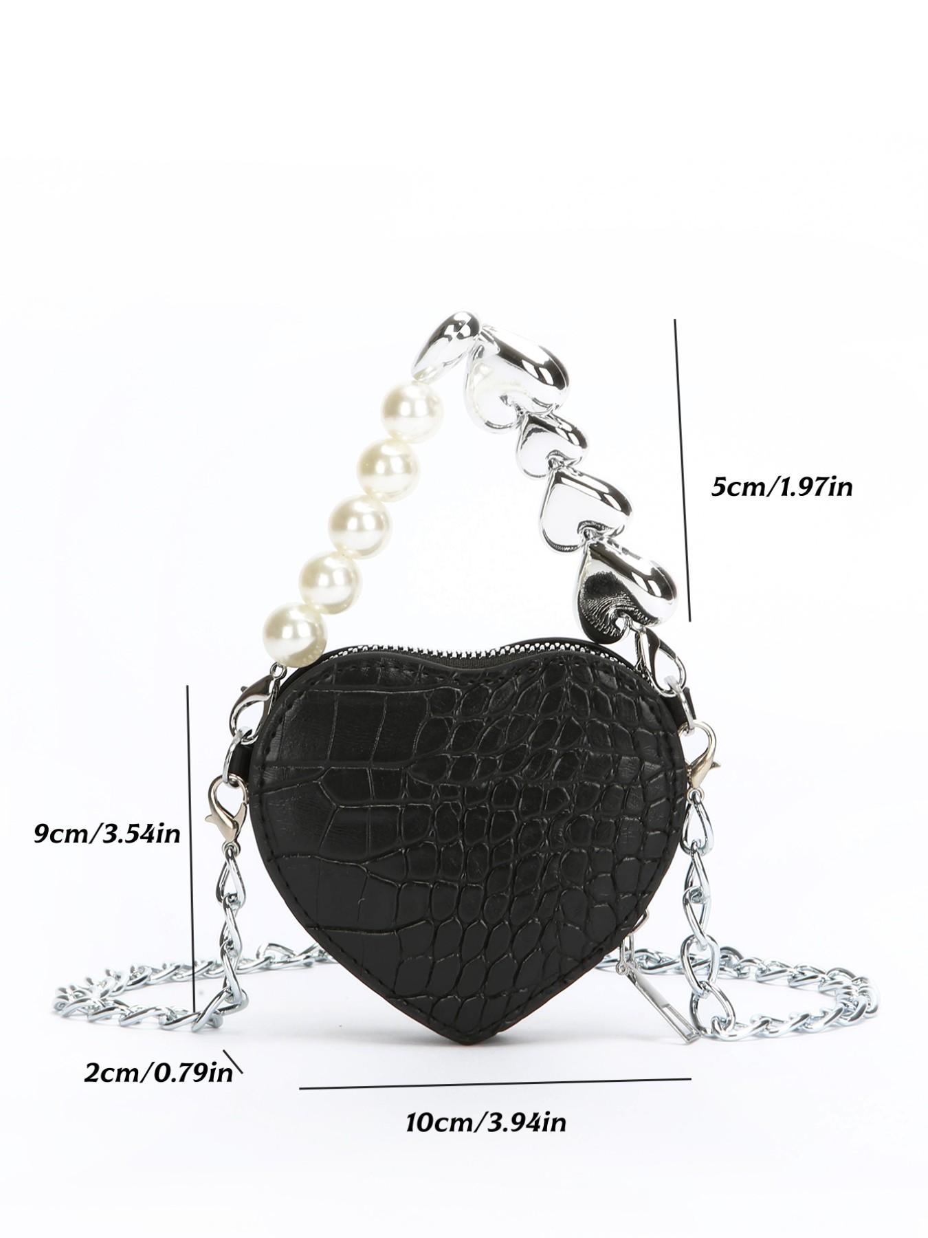 Vintage Mini Crossbody Bag, Crocodile Pattern Pearl Chain Purse, Heart Shape Fashion Coin Wallet, All Seasons Solid Design