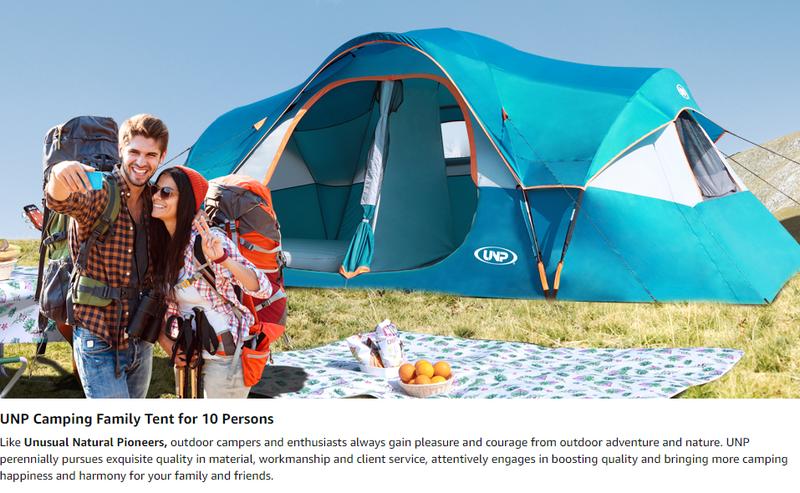 UNP Camping Tent 10-Person-Family Tents, Parties, Music Festival Tent, Big, Easy Up, 5 Large Mesh Windows, Double Layer, 2 Room, Waterproof, Weather Resistant, 18ft x 9ft x78in