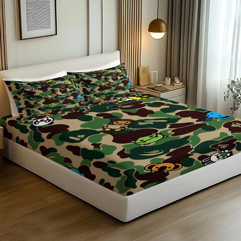 3Pcs Camouflage Cartoon Character Fitted Sheet Set, Playful Military-Inspired Bedding Sheets with Colorful Animals, Durable and Soft Fabric for a Whimsical Bedroom Makeover, Perfect for Kids and Trendy Decor!, No Pillow Core
