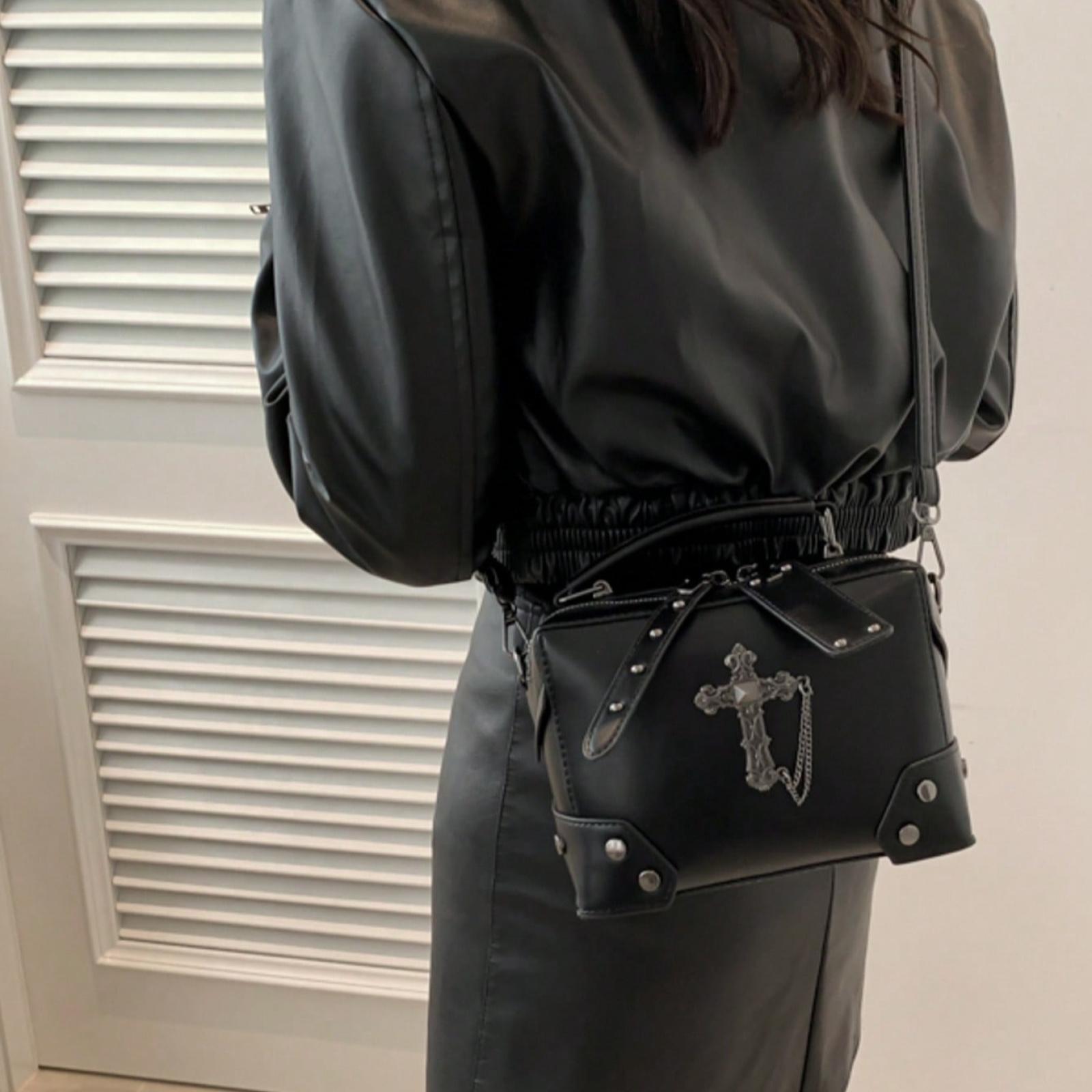 Black Cross Decorated Punk Rock Motorcycle Style Box Bag, Stylish Rivet Detail Shoulder Crossbody Makeup Everyday Bag for Women, Perfect for Daily Use and Dating Gift