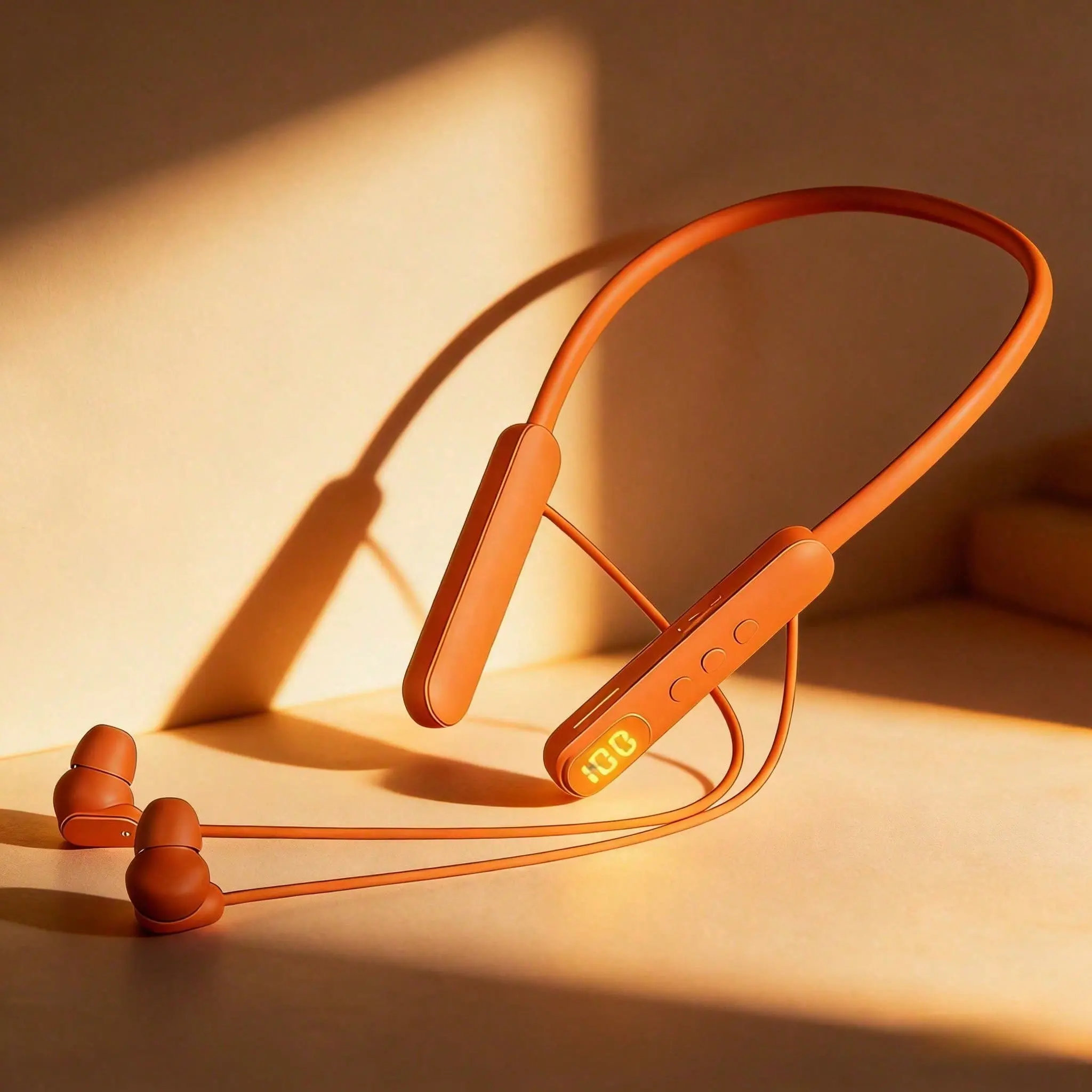 Stylish Orange Neckband Bluetooth Wireless Sport Headset, In‑Ear Earbuds with Digital Battery Percentage Display, Sweatproof Noise Reduction Stereo Bass, HD Mic Clear Hands‑Free Calls, Flexible Anti‑Fall Neck‑Hang, for Running Fitness Cycling Home Office,