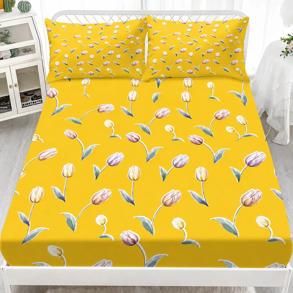 3Pcs Yellow Tulip Printed Fitted Sheet Set, Floral Print Bedding Set, Floral Sheets, 25cm Deep Pocket, Includes 1 Fitted Sheet + 2 Pillowcases (No Fillings), Holiday Gift for Friends, Suitable for Bedroom, Guest Room, Dorm, Hotel