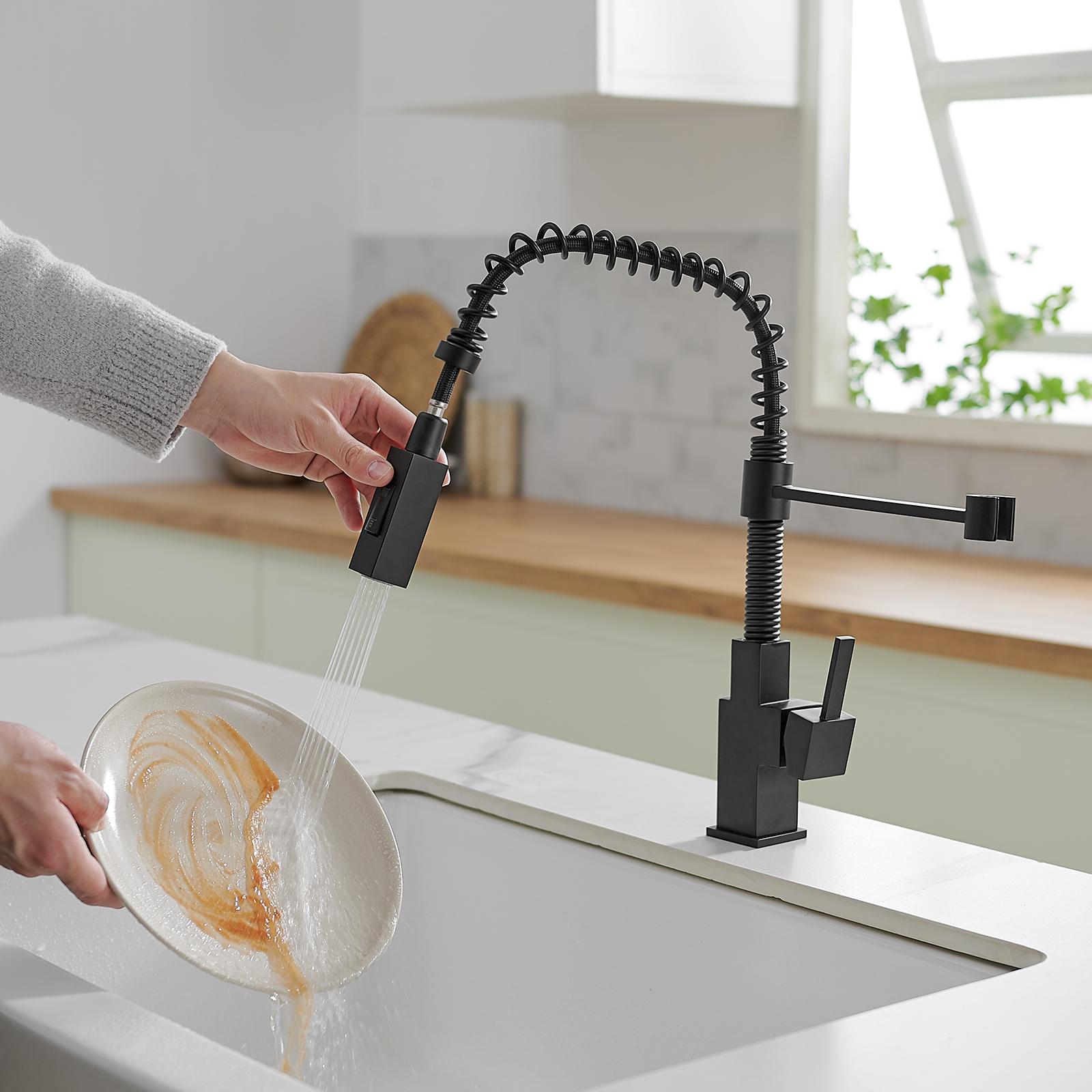 BESy Morden Square Matte Black Kitchen Faucet, Single Handle 2 Function Pull Down, Commercial Solid Brass Spring Rv Square Kitchen Sink Faucet with Pull Down Sprayer Laundry Faucet