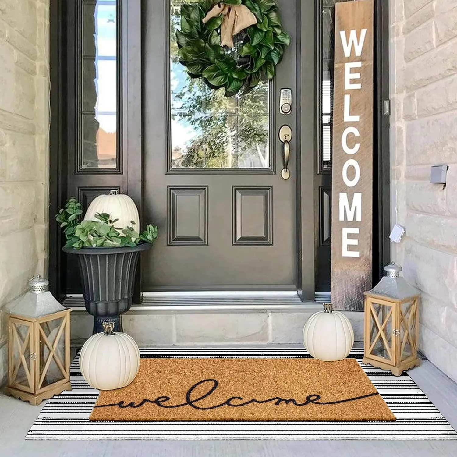 2 count Summer Door Mat, Coco Coir Welcome Doormat with  Striped Mats, Extra Thick & Non-Slip Backing for  Front Porch Entryway, Seasonal Layered Porch Décor Floor Mat (Welcome)
