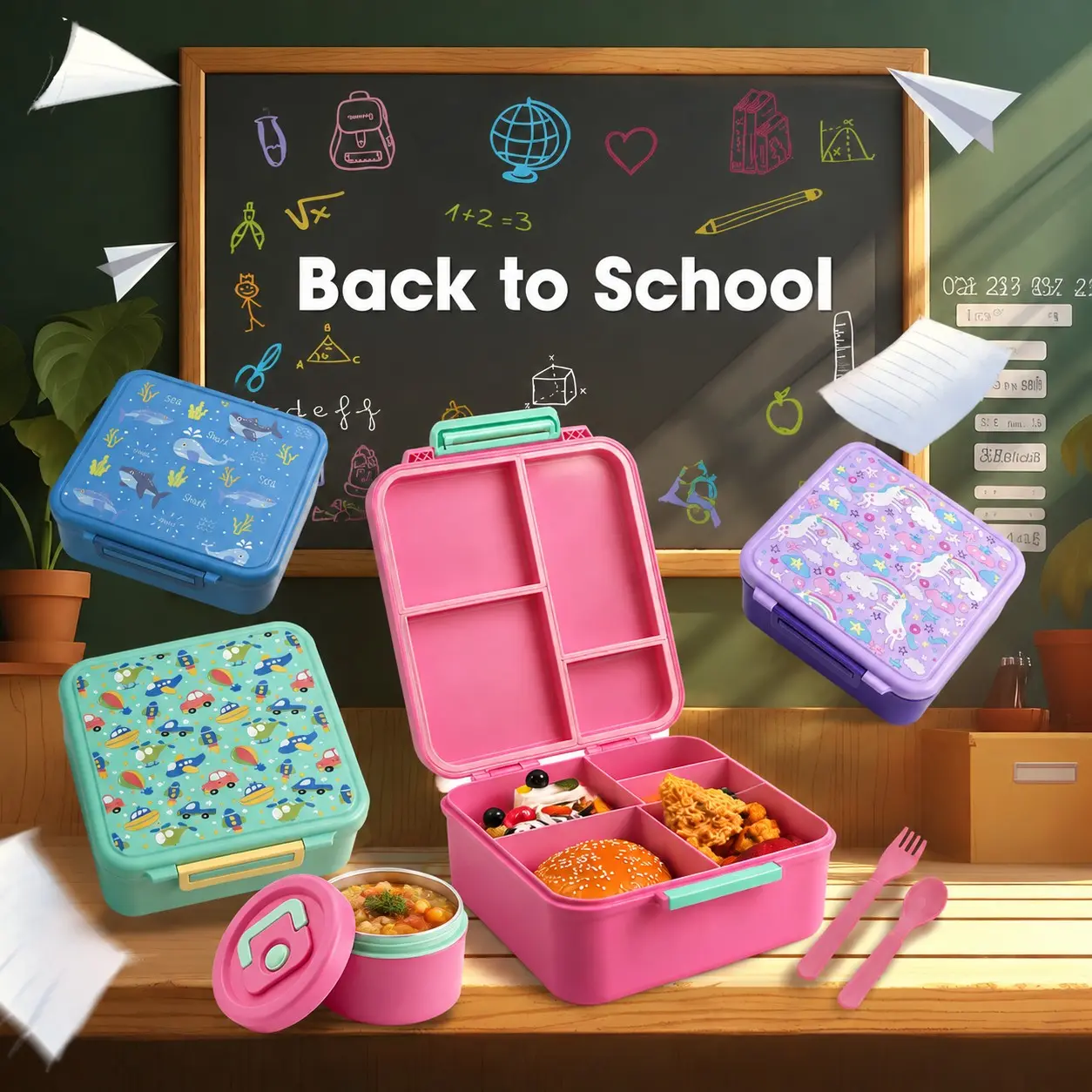 Bento Lunch Box for Kids, Toddler Bento Box with 4 Compartments | Leak Proof BPA Free Dishwasher Safe Lunch Container with Utensils, Ideal Portion Sizes for Ages 3-12 Girls Boys for School, Bento Box Set