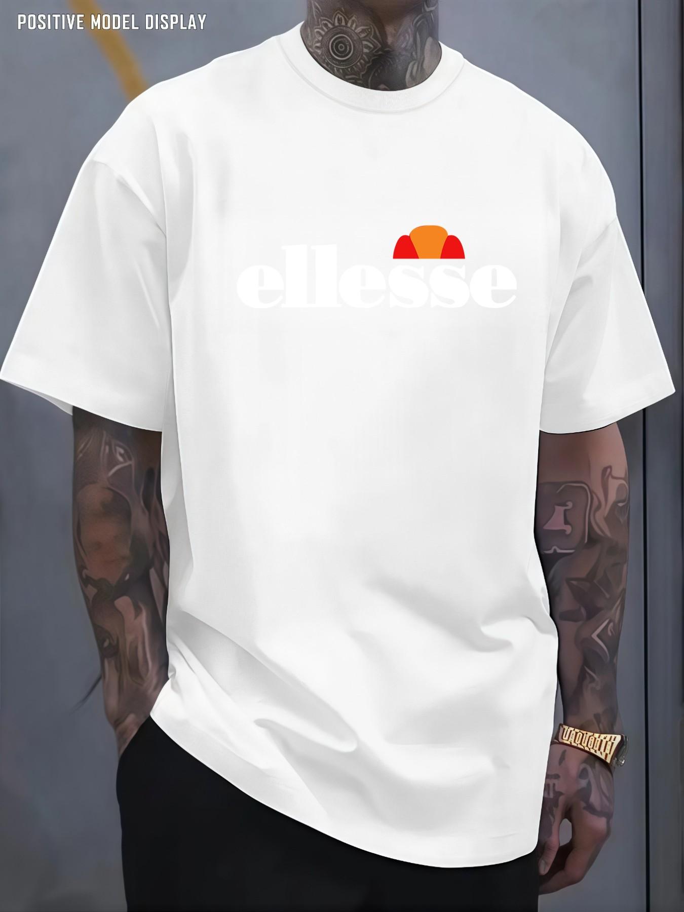 Men's Vintage Street T-Shirt, Fun Letter Ellesse Pattern Print, Loose Round Neck, Lightweight Comfort, Casual Wear for All Seasons