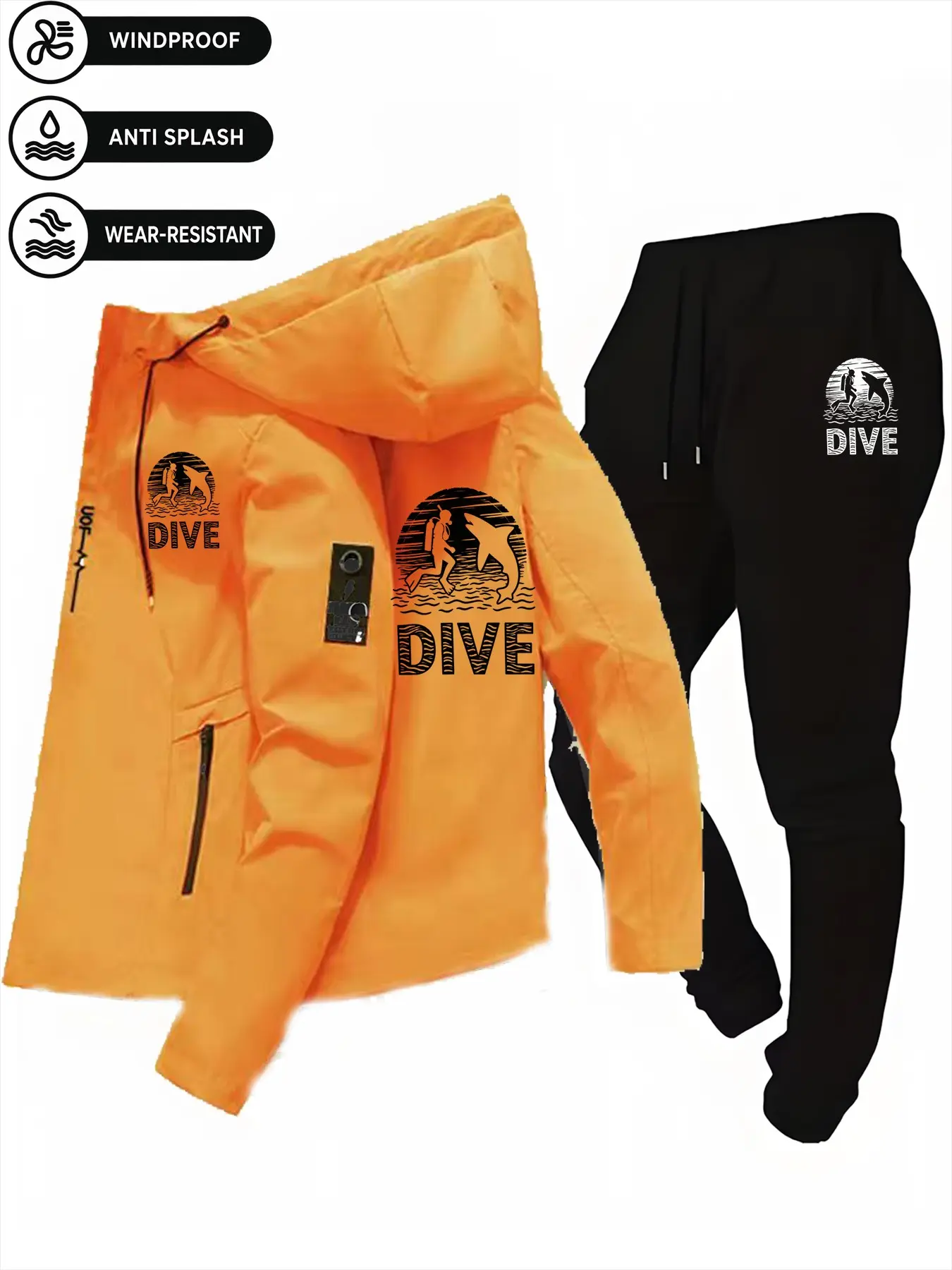 Men's Outdoor Two-Piece Set, Shark Dive Print Windproof Waterproof Wear-Resistant Hooded Jacket + Cargo Pants, Casual Loose-Fit Outerwear
