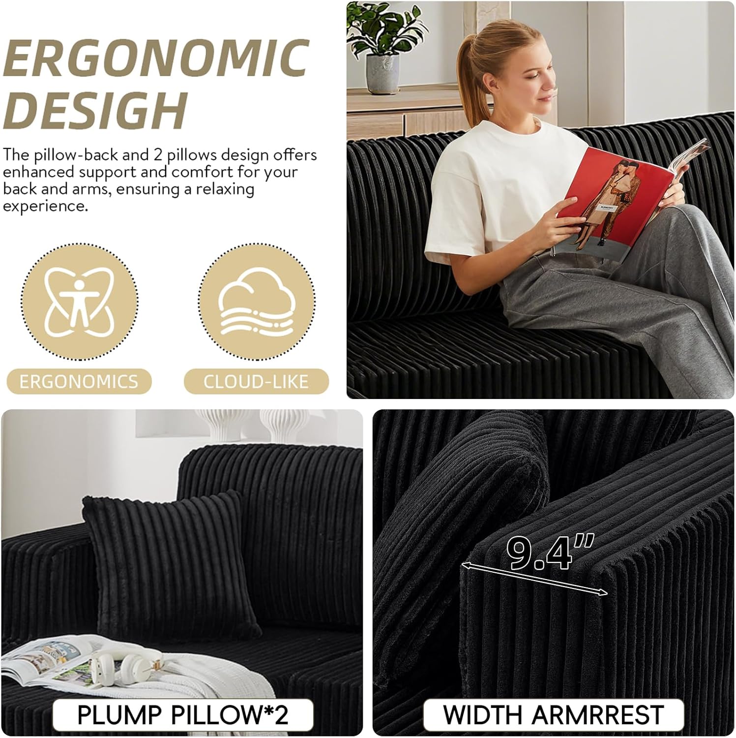 【2-3 Packages】 Niccae 132'' U-shape Boneless Memory Foam Sectional Sofa, Compressed Corduroy Sectional Couches, Oversized U Shape Comfy Modular Compression Cloud Sleeper Sofa with Deep Seat, Space-Saving Recliner Design