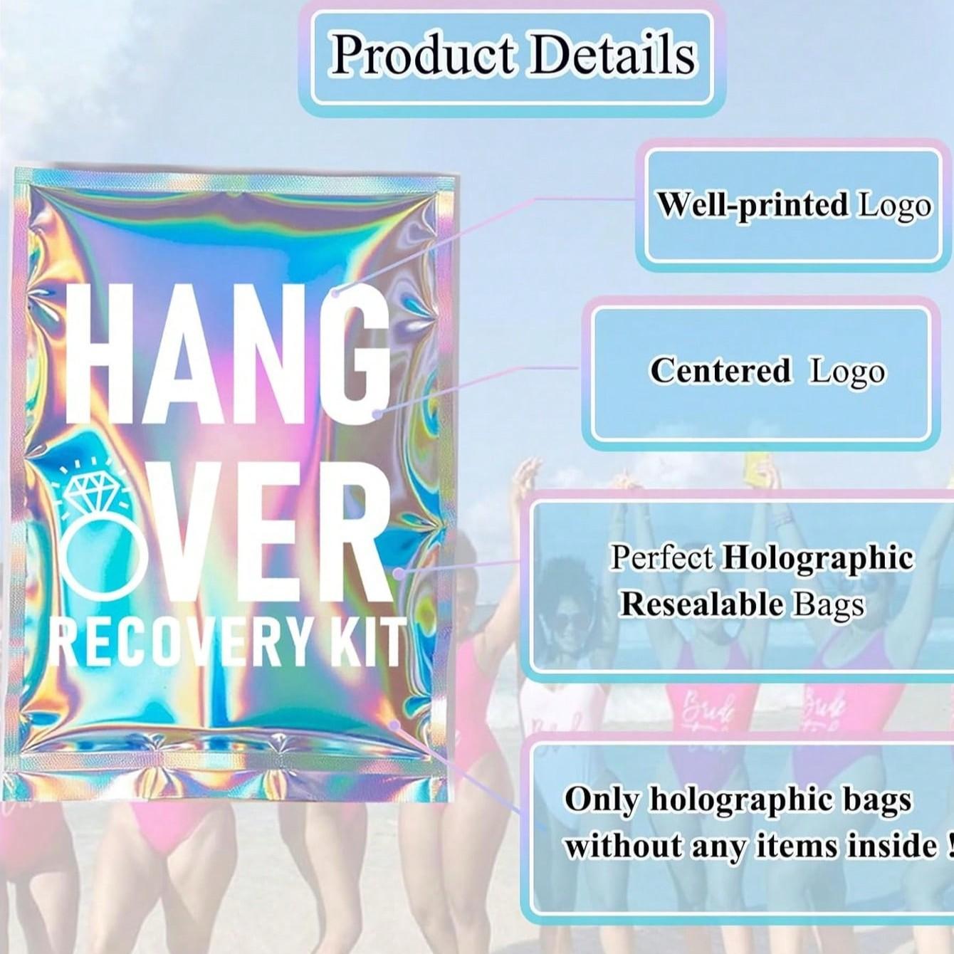 5/8/10/15/20pcs Hangover Recovery Kit, Self-Care Set, Pre-Printed Holographic Re-Sealable Bag, Perfect for Parties, Weddings, Birthdays