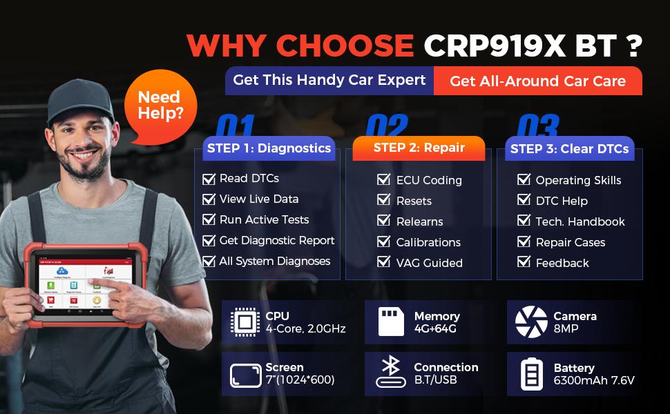 LAUNCH X431 CRP919XBT Elite OBD2 Scanner Car Wireless with ECU Coding, 35+ Resets, CANFD&DOI, DBScarVII, FCA AutoAuth, and IMMO Features