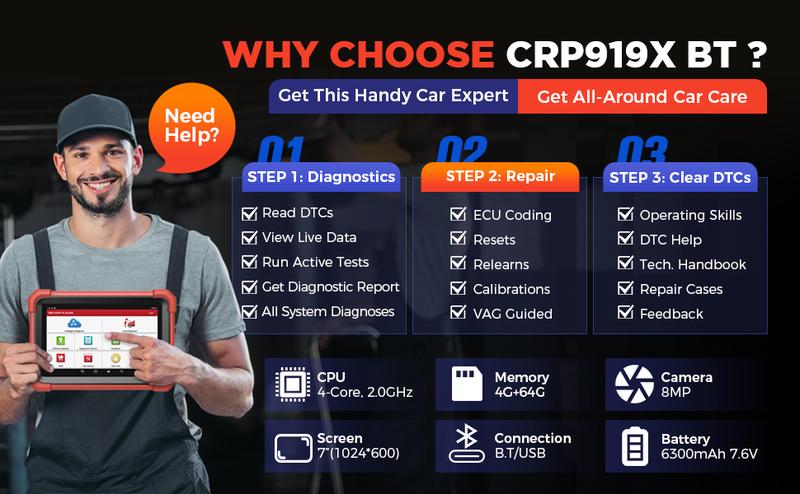 LAUNCH X431 CRP919XBT Elite OBD2 Scanner Car Wireless with ECU Coding, 35+ Resets, CANFD&DOI, DBScarVII, FCA AutoAuth, and IMMO Features