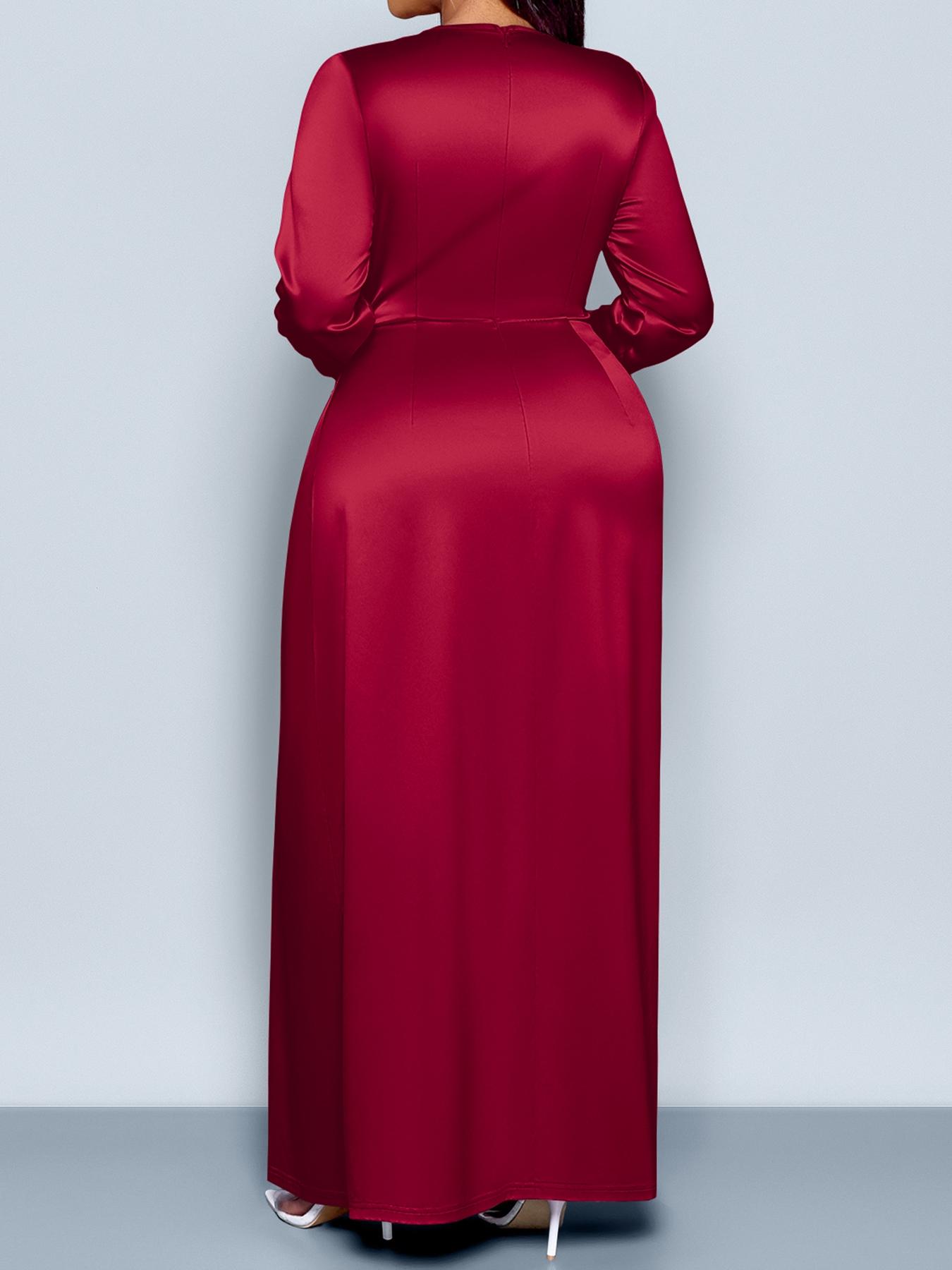 Plus-size Christmas Women's Vlothing Women's Elegant Plain Satin Dress, Round Neck Long Sleeve Bodycon High Waist Maxi Gown, Fall Fashion Plus Size Evening Wear