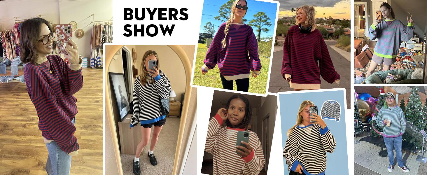 Fisoew Womens Striped Oversized Sweatshirt Color Block Crew Neck Long Sleeve Shirt Casual Loose Pullover Top Y2K Clothes SpringStatements