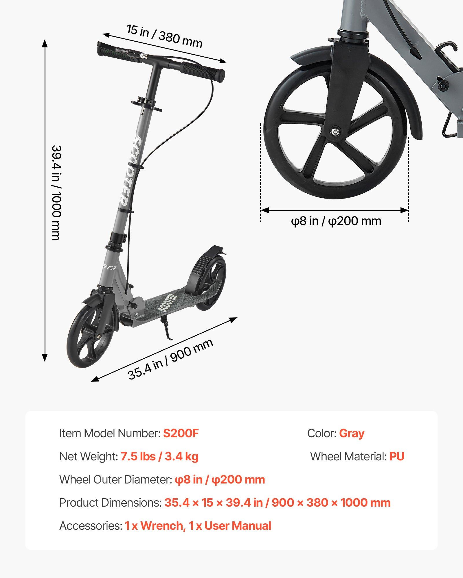 fathersdaygift VEVOR Kick Scooter for Kids Ages 8+, Teens Adults, 2-Wheel Toddler Scooter with Adjustable Height Handlebar, Wide Anti-Slip Deck, Foldable Lightweight Frame for Boys Girls up to 220 lbs, Gray