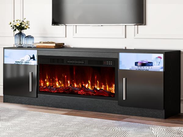 Fireplace TV Stand Entertainment Center with 36" Fireplace, 70" Wooden TV Stand for TVs Up to 80",Media TV Console with High Gloss Storage Cabinet and 16 Colors LED Lights