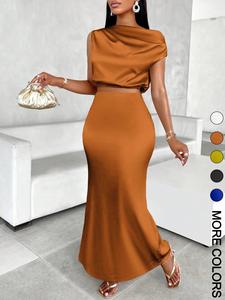 women's solid asymmetrical neck top & mermaid skirt satin two-piece set, elegant fashion casual top & skirt for daily outdoor wear, outfit sets for women, women's clothing for all seasons, womenswear