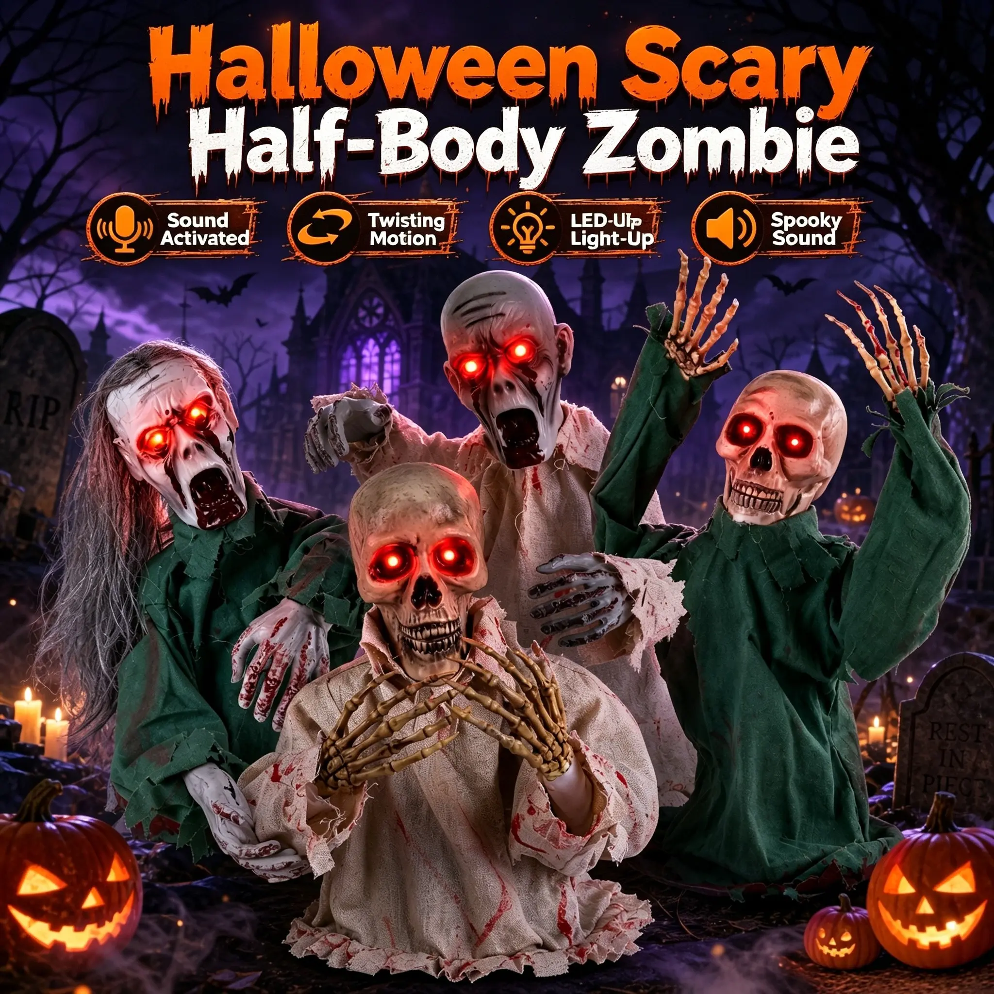 1PC Halloween Animatronic Half‑Body Zombie Prop, Sound‑Activated Movable Figure with Glowing Red Eyes & Spooky Sound Effects for Haunted House, Graveyard & Yard Party Decor