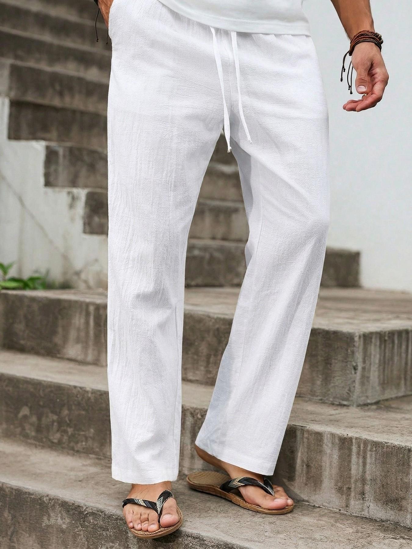 Men's Casual Loose Baggy Lightweight Linen Pants Solid Color Loose Fit Elastic Drawstring Waist Straight Legs Bottoms Summer Breathable and Soft Yoga Beach Long Pants with Pockets Wedding Partise Vacation Daily Going Out Dating Club Lounge Wear