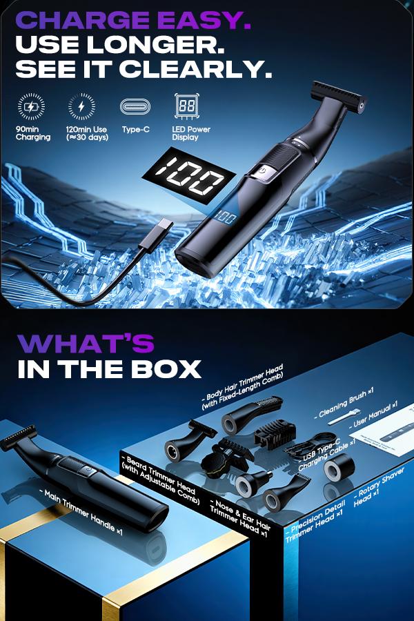 Sybler Beard Trimmer for Men 5 in 1, Electric Grooming Kit with Adjustable 1–8mm Comb, Body Shaver, Nose & Ear Hair Trimmer, IPX7 Waterproof, Type-C Fast Charge, LED Display, 120-Min Cordless Use