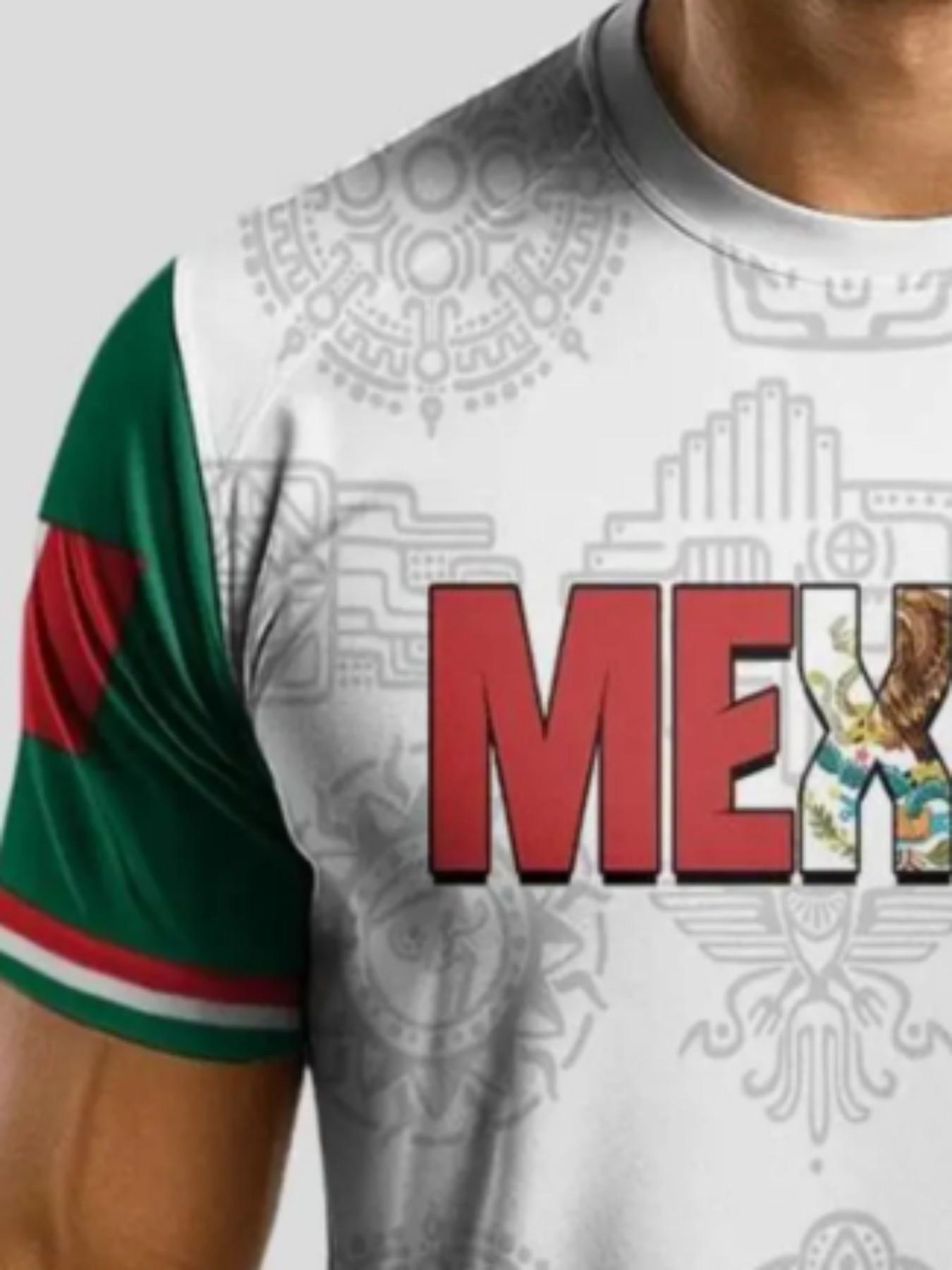 Men's Mexican Aztec Calendar Sport T-Shirt, Street Style Round Neck Short Sleeve Top, Loose-Fit All-Season Clothing
