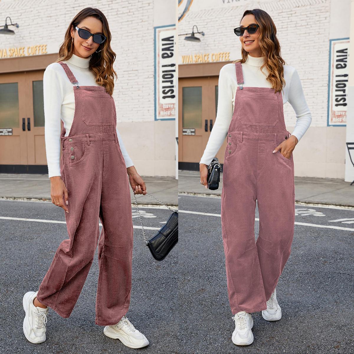 Buenoble Fall Corduroy Overalls for Women Barrel Wide Leg Bib Corduroy Pants Adjustable Romper Jumpsuit with Pockets