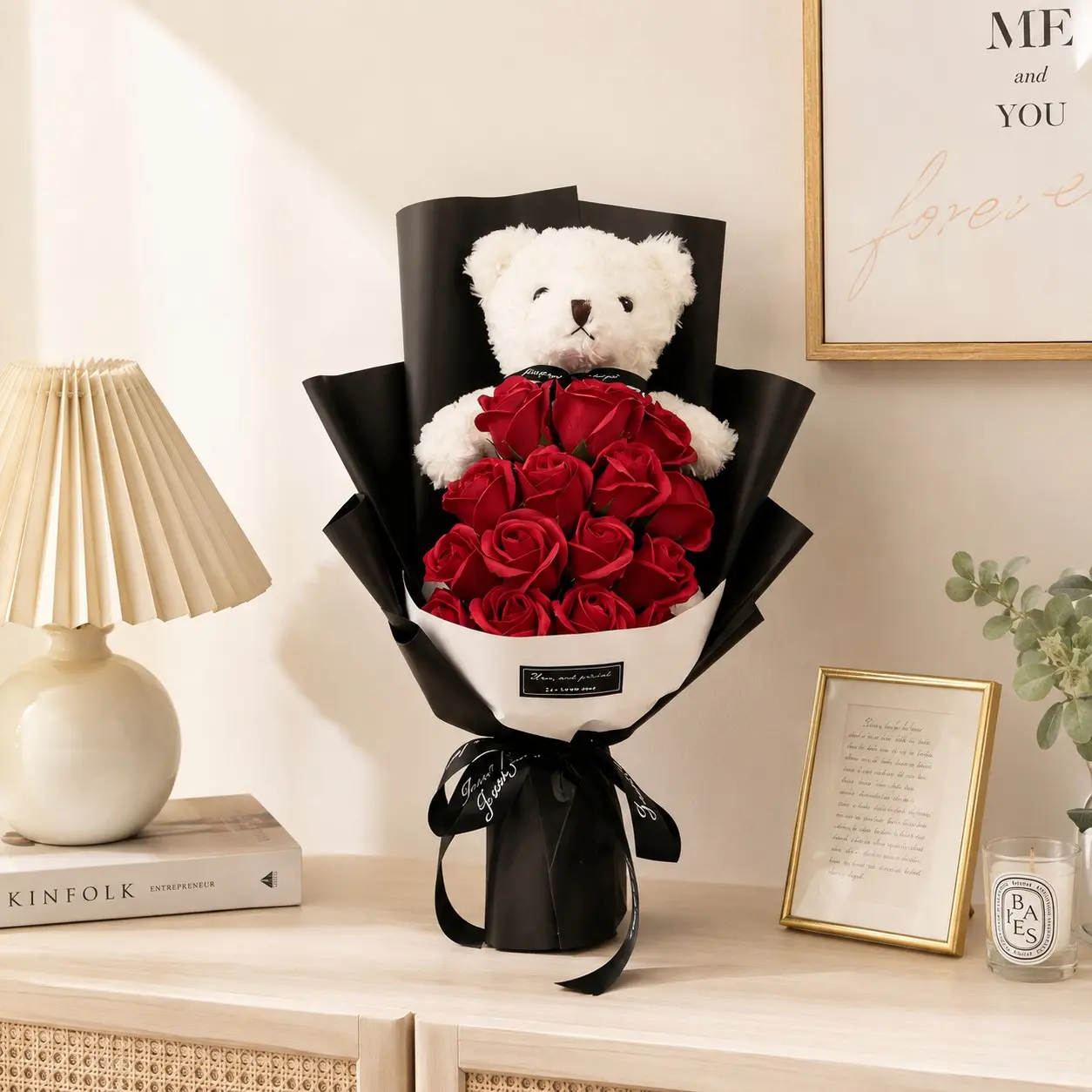 Romantic Teddy Bear Preserved Rose Bouquet, Long-Lasting Artificial Roses with Plush Bear, Perfect Gift for Valentine's Day, Birthday, Anniversary, Plastic Flower
