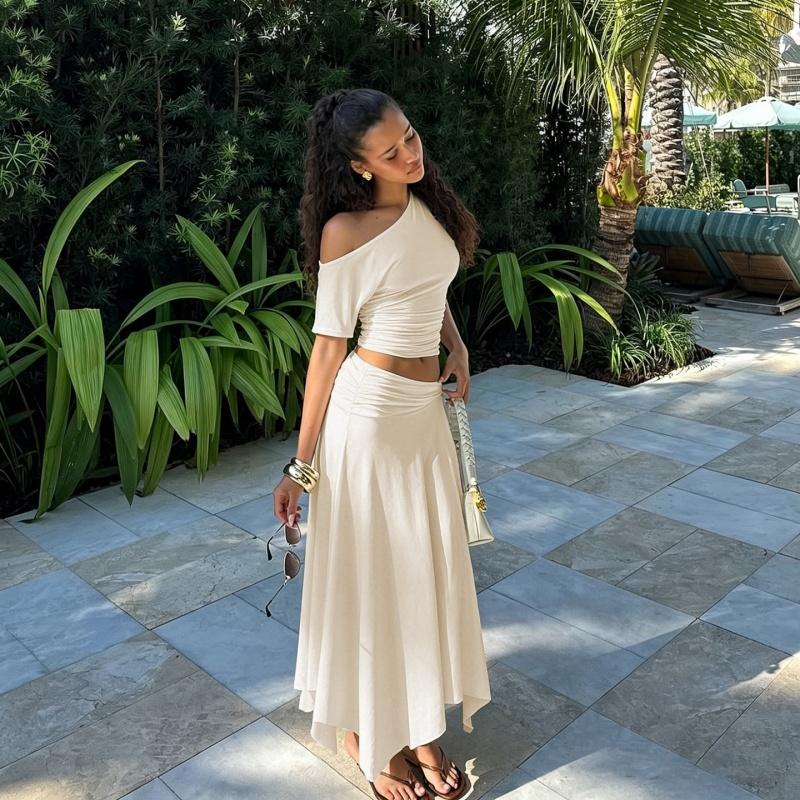 Women's Two-piece Set, Clothes, Solid Color One Shoulder Ruched Short Sleeve T-shirt Top & Bodycon Irregular Hem Long Skirt, Sexy Strapless Backless Tees Crop Top with Ruffles Skirts, Ladies Party Club Date Daily Casual Summer Outfits