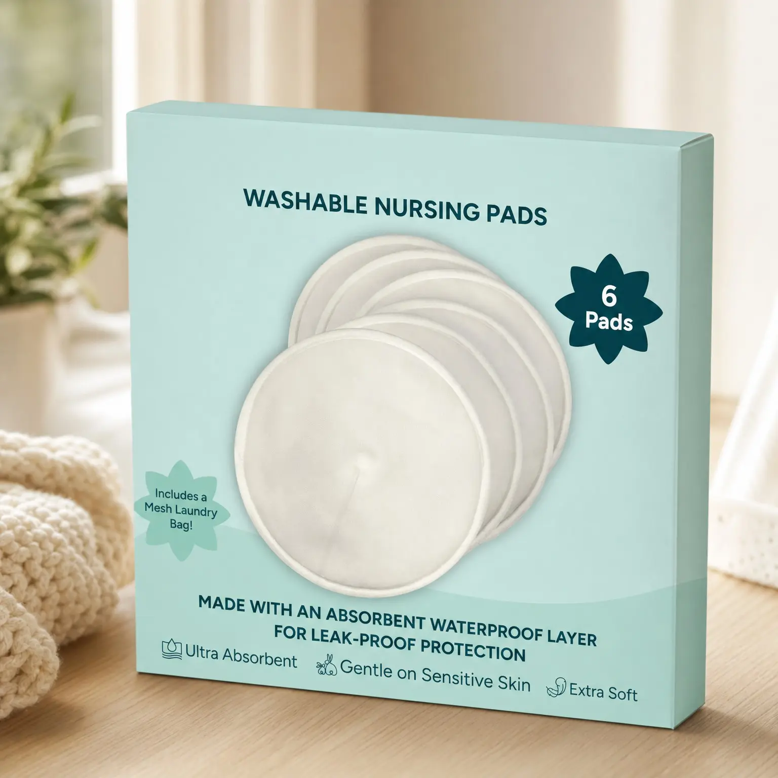 Reusable Nursing Pads – Soft & Absorbent Bamboo Viscose Breast Pads, Contoured Fit, Leak-Resistant, 6 Pack with Laundry Bag(Gift)