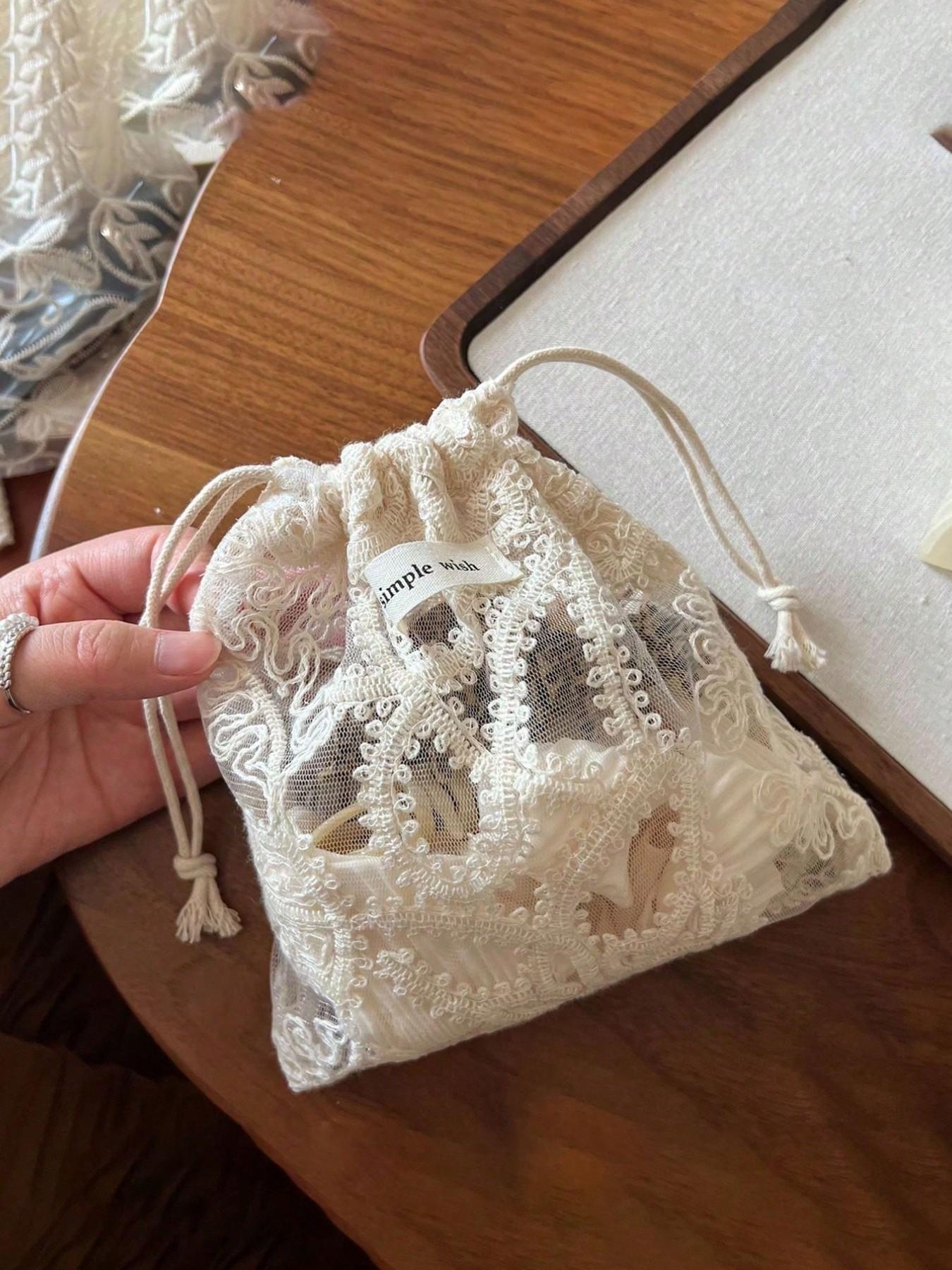 Vintage Art Apricot Lace Embroidered Makeup Bag, Single Layer Drawstring Small Pouch, Large Capacity Portable Storage Bag, Travel Essential Gift Bag